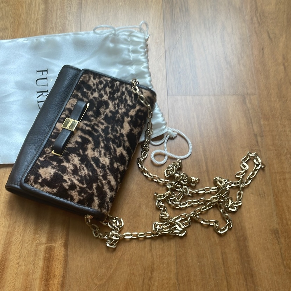 Furla brown crossbody mini wallet bag with gold chain